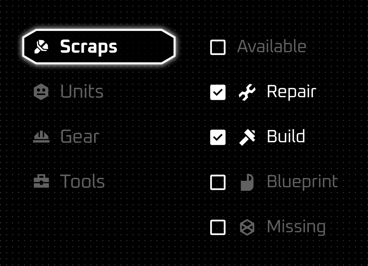 detail of the different states of the checkboxes in the inventory