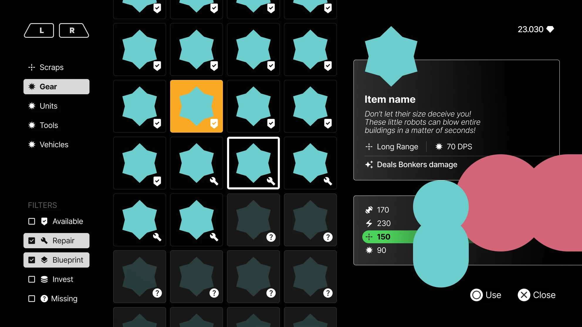 wireframe of the inventory