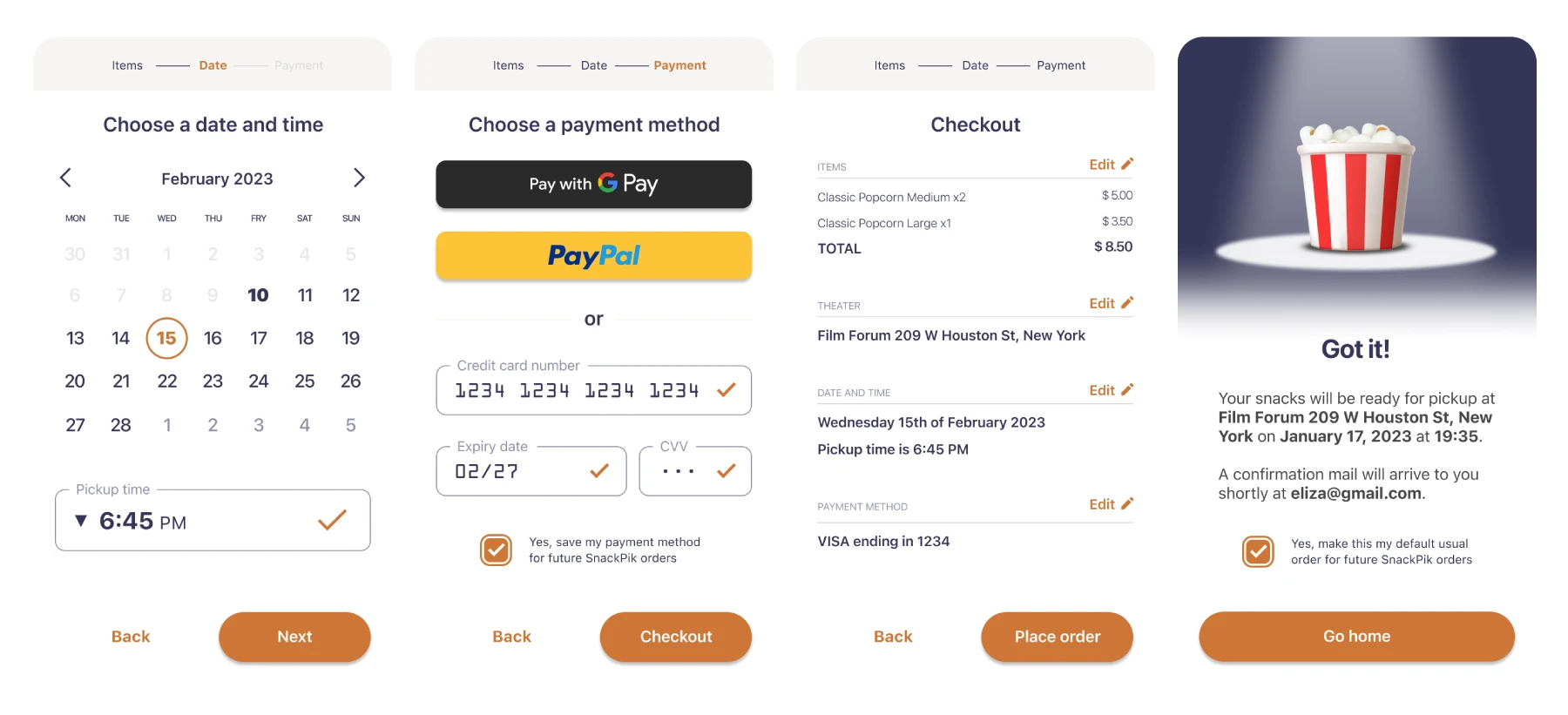 medium fidelity mockups including the confirmation and checkout screens