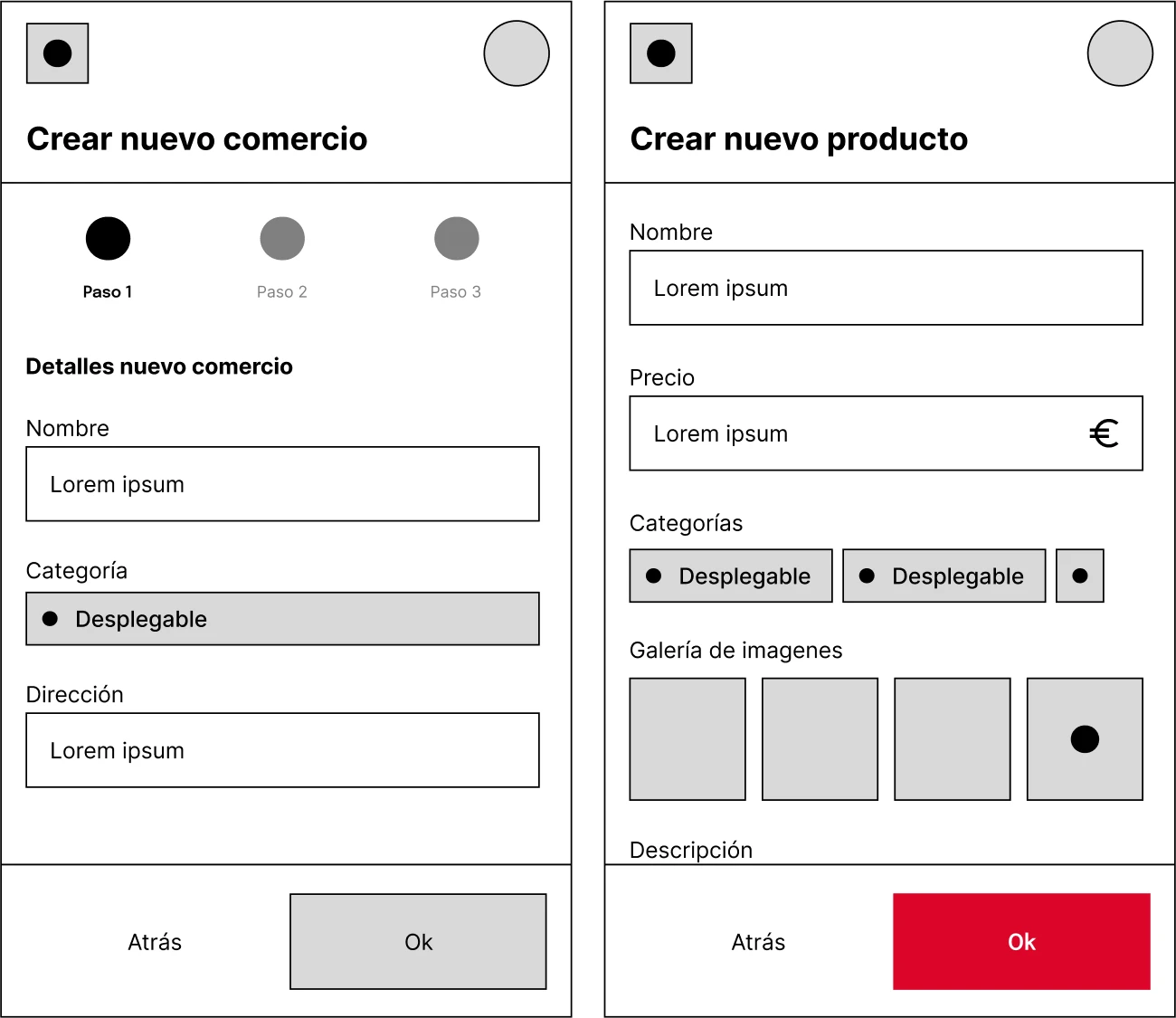 new business and product detail wireframes