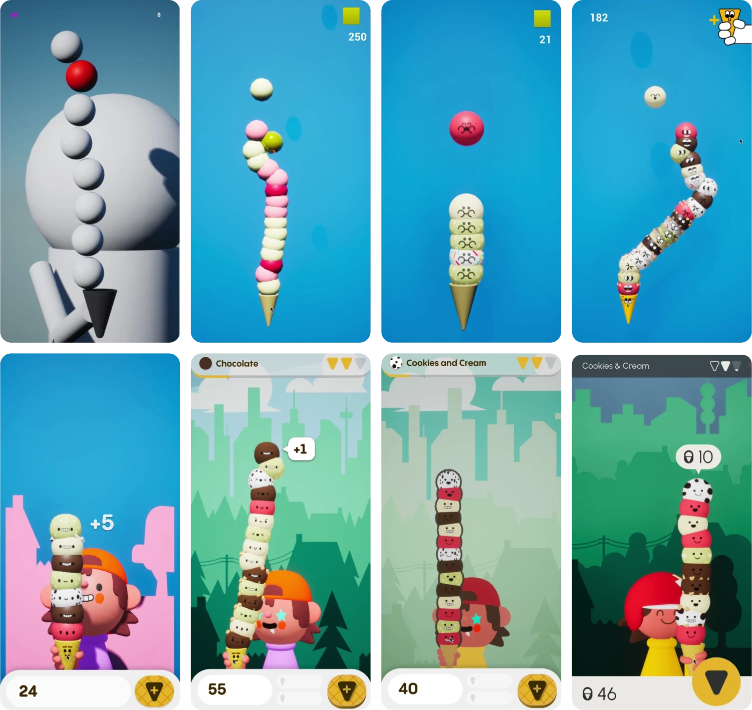 various screenshots of the earlier prototipes of Ice Cream Disaster