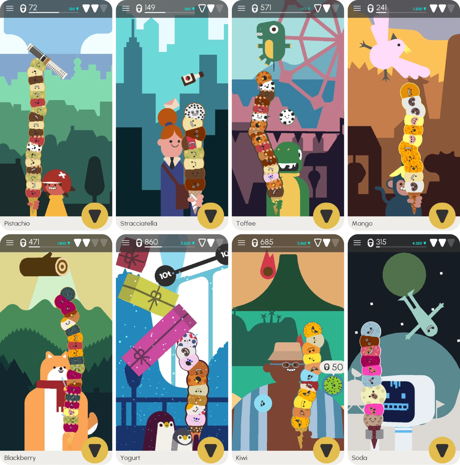 various screens from Ice Cream Disaster's interface