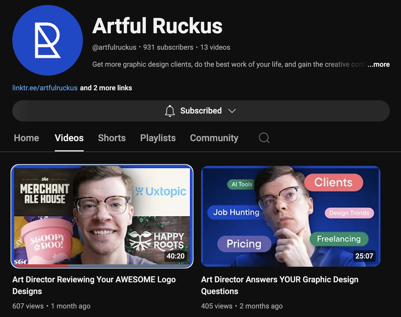 Screenshot of art ruckus youtube channel